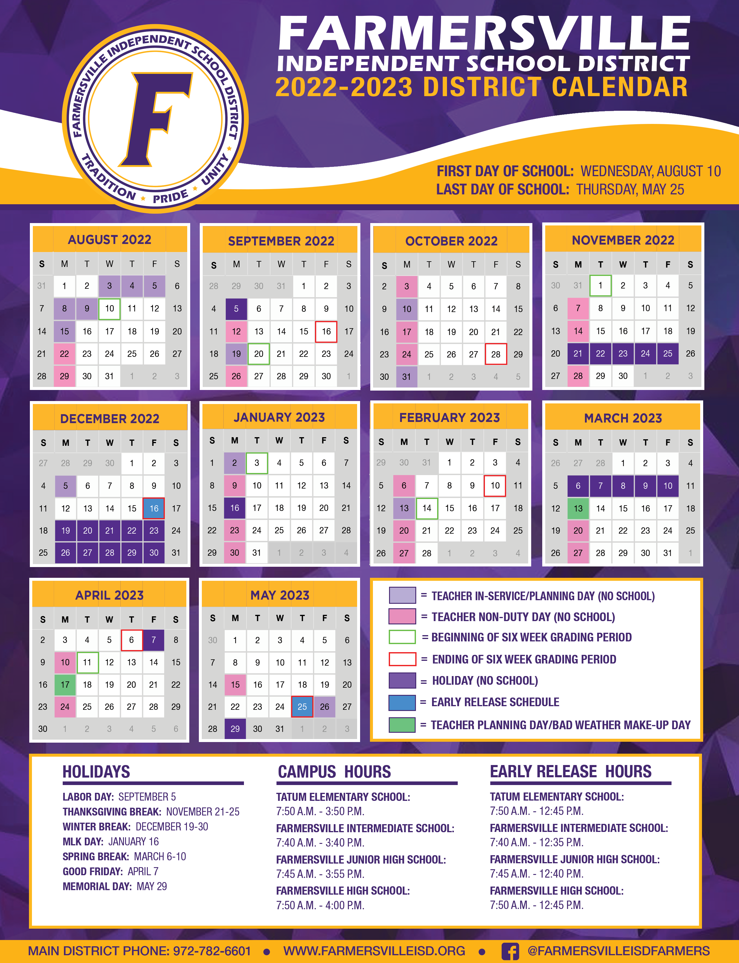 Farmersville Independent School District Calendar 2022 and 2023